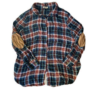About A Girl Top Sz L Plaid Long Sleeve Button-Down Shirt Rayon Flannel Casual
